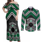 Personalised Aotearoa Niho Taniwha Motif Couples Matching Off Shoulder Maxi Dress and Long Sleeve Button Shirt Green Style