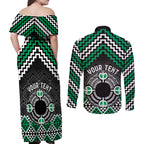 Personalised Aotearoa Niho Taniwha Motif Couples Matching Off Shoulder Maxi Dress and Long Sleeve Button Shirt Green Style
