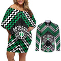 Personalised Aotearoa Niho Taniwha Motif Couples Matching Off Shoulder Short Dress and Long Sleeve Button Shirt Green Style
