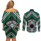Personalised Aotearoa Niho Taniwha Motif Couples Matching Off Shoulder Short Dress and Long Sleeve Button Shirt Green Style