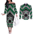 Personalised Aotearoa Niho Taniwha Motif Couples Matching Off The Shoulder Long Sleeve Dress and Long Sleeve Button Shirt Green Style