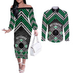 Personalised Aotearoa Niho Taniwha Motif Couples Matching Off The Shoulder Long Sleeve Dress and Long Sleeve Button Shirt Green Style