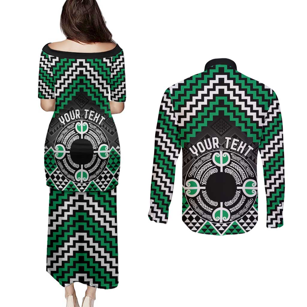Personalised Aotearoa Niho Taniwha Motif Couples Matching Puletasi and Long Sleeve Button Shirt Green Style