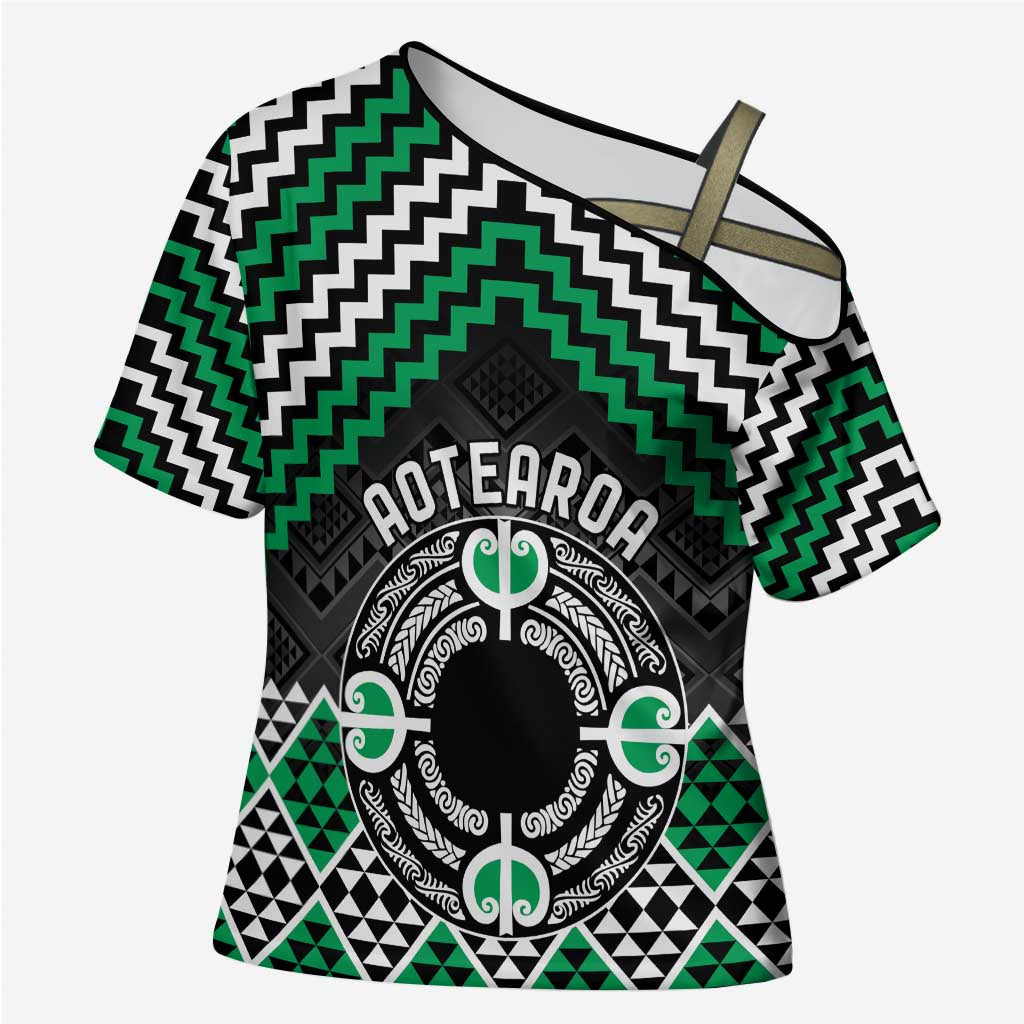 Personalised Aotearoa Niho Taniwha Motif Cross Shoulder Shirt Green Style - Aussie Hoodie