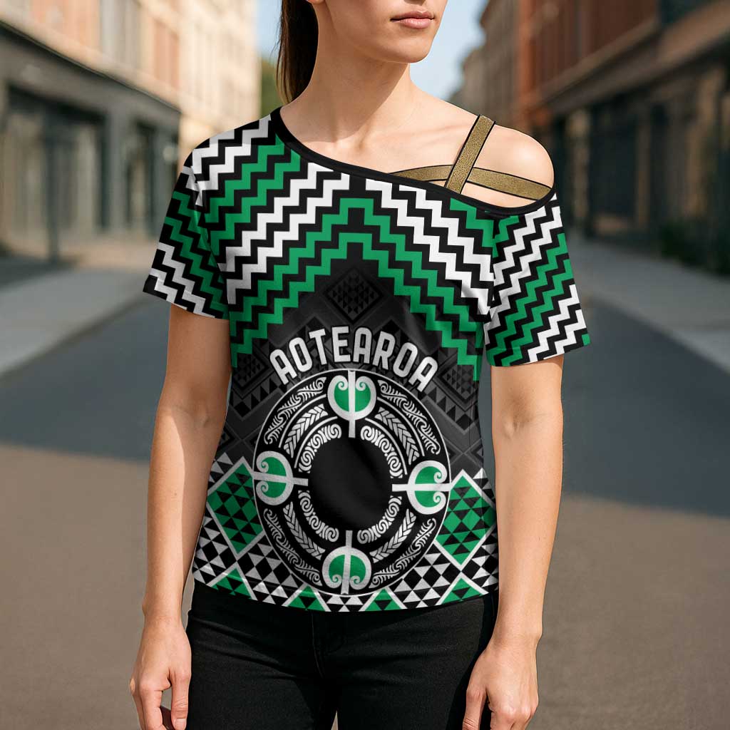 Personalised Aotearoa Niho Taniwha Motif Cross Shoulder Shirt Green Style - Aussie Hoodie