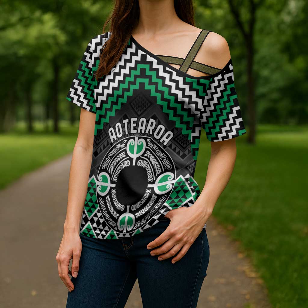 Personalised Aotearoa Niho Taniwha Motif Cross Shoulder Shirt Green Style - Aussie Hoodie