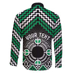 Personalised Aotearoa Niho Taniwha Motif Family Matching Off The Shoulder Long Sleeve Dress and Hawaiian Shirt Green Style