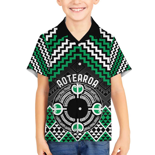Personalised Aotearoa Niho Taniwha Motif Family Matching Off The Shoulder Long Sleeve Dress and Hawaiian Shirt Green Style