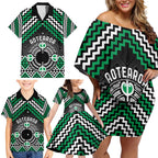 Personalised Aotearoa Niho Taniwha Motif Family Matching Off Shoulder Short Dress and Hawaiian Shirt Green Style