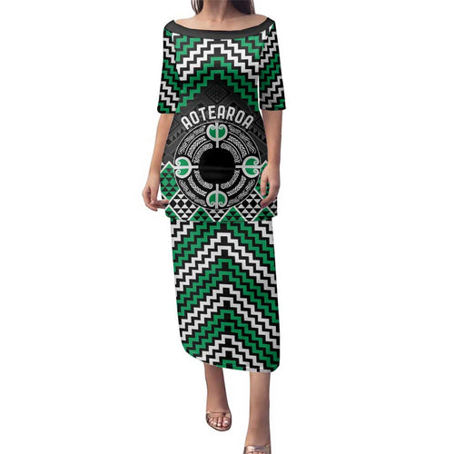 Personalised Aotearoa Niho Taniwha Motif Family Matching Puletasi and Hawaiian Shirt Green Style