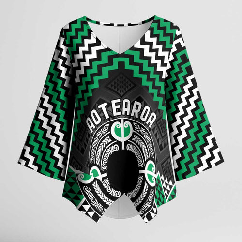 Personalised Aotearoa Niho Taniwha Motif Kimono Sleeve Blouse Green Style - Aussie Hoodie