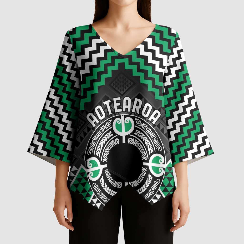 Personalised Aotearoa Niho Taniwha Motif Kimono Sleeve Blouse Green Style - Aussie Hoodie