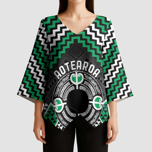 Personalised Aotearoa Niho Taniwha Motif Kimono Sleeve Blouse Green Style - Aussie Hoodie