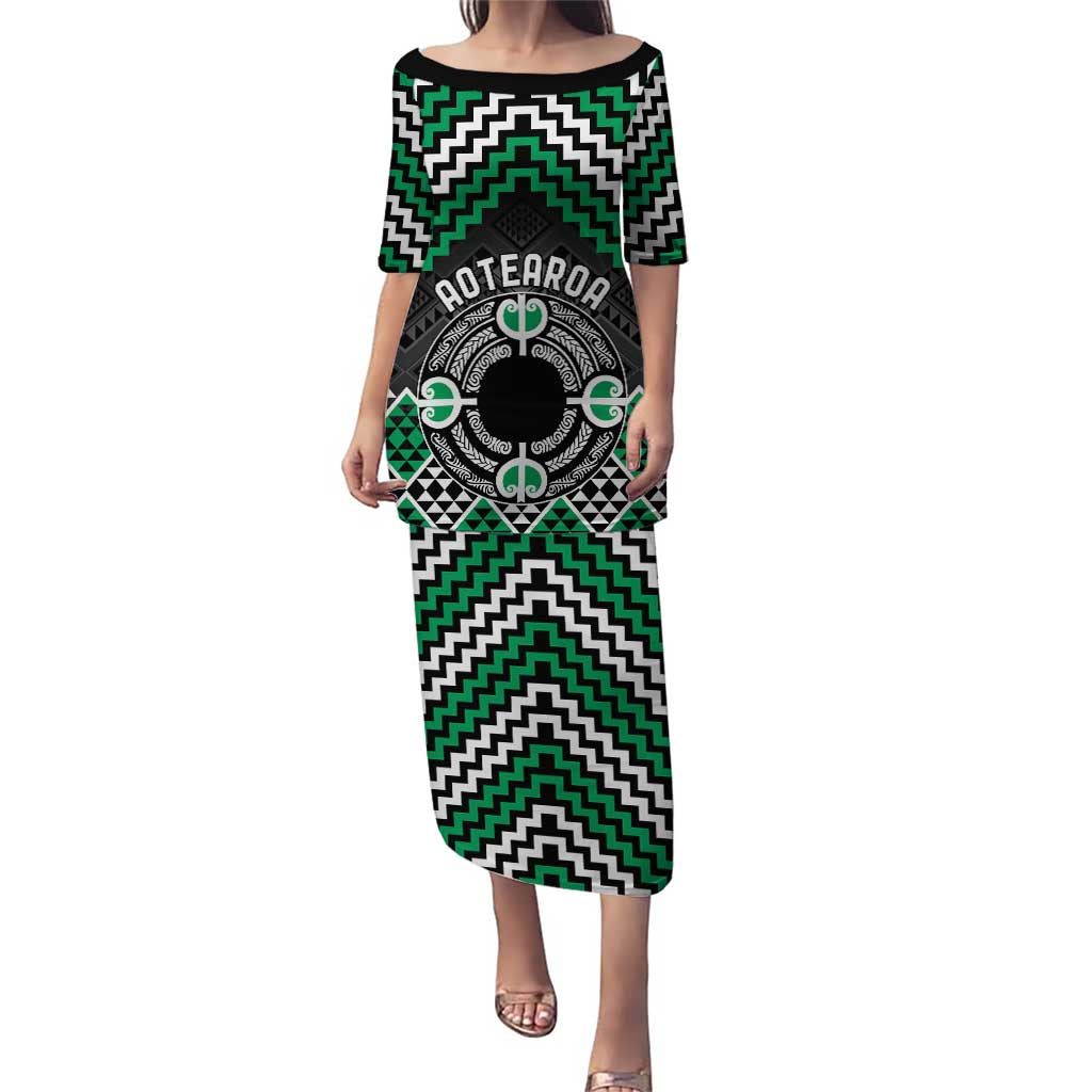 Personalised Aotearoa Niho Taniwha Motif Puletasi Green Style