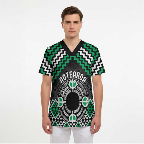 Personalised Aotearoa Niho Taniwha Motif Scrub Top Green Style - Aussie Hoodie