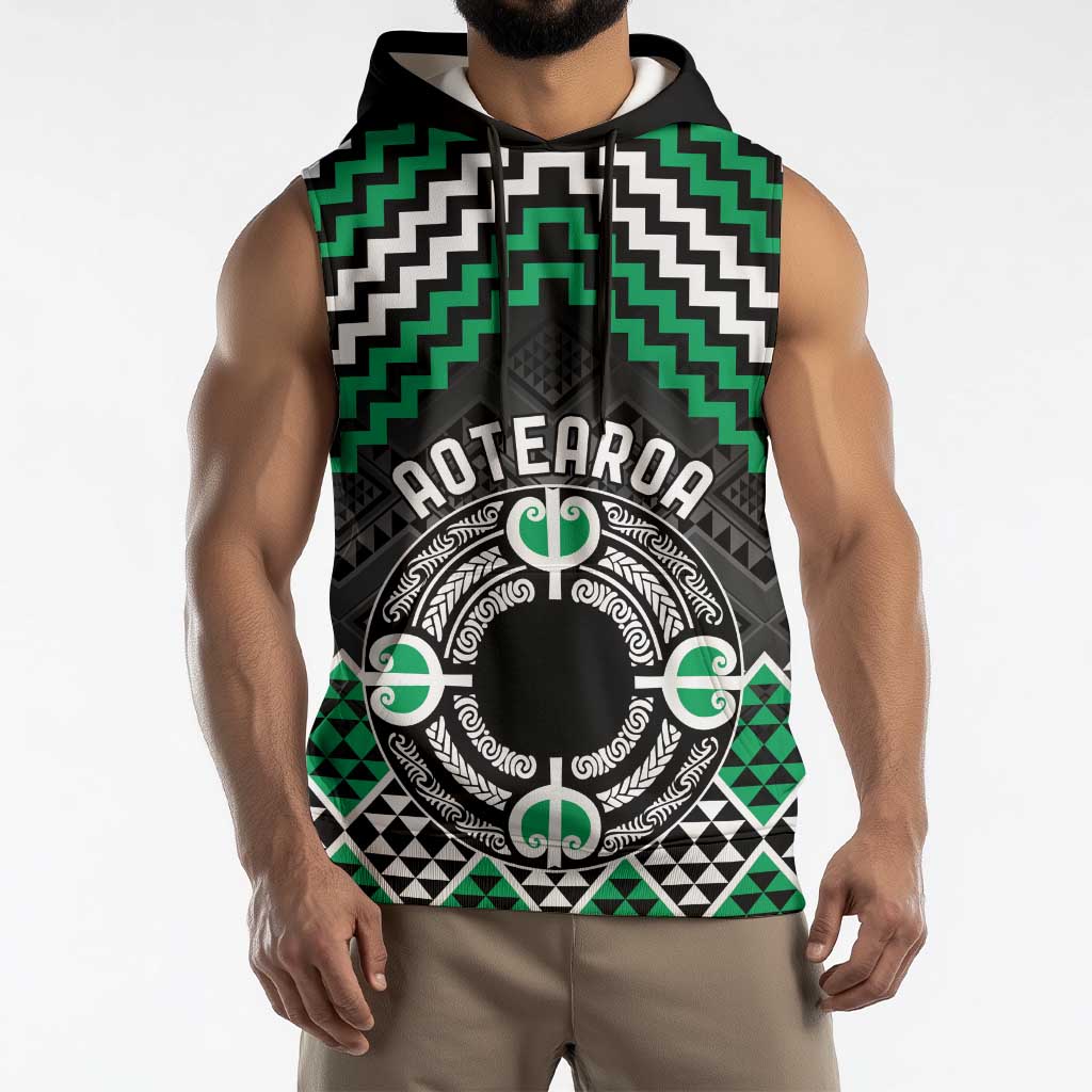 Personalised Aotearoa Niho Taniwha Motif Sleeveless Hoodie Green Style - Aussie Hoodie