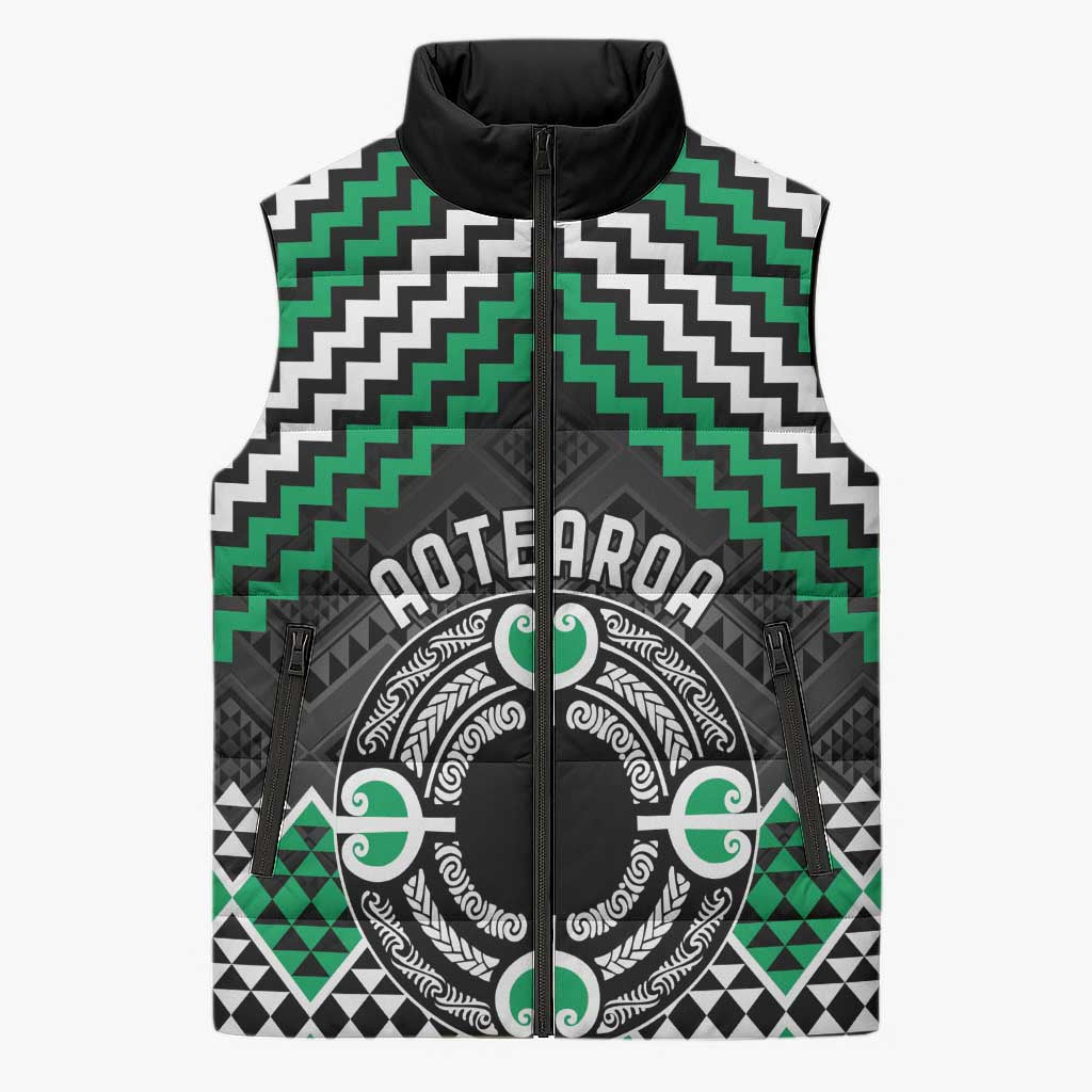 Personalised Aotearoa Niho Taniwha Motif Sleeveless Puffer Jacket Green Style - Aussie Hoodie
