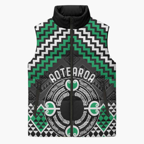 Personalised Aotearoa Niho Taniwha Motif Sleeveless Puffer Jacket Green Style - Aussie Hoodie