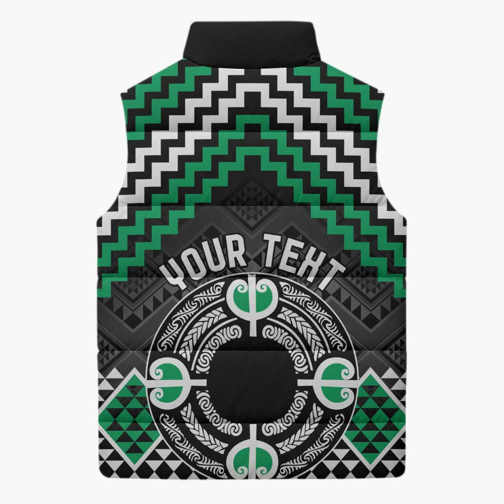 Personalised Aotearoa Niho Taniwha Motif Sleeveless Puffer Jacket Green Style - Aussie Hoodie