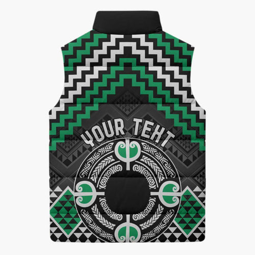 Personalised Aotearoa Niho Taniwha Motif Sleeveless Puffer Jacket Green Style - Aussie Hoodie