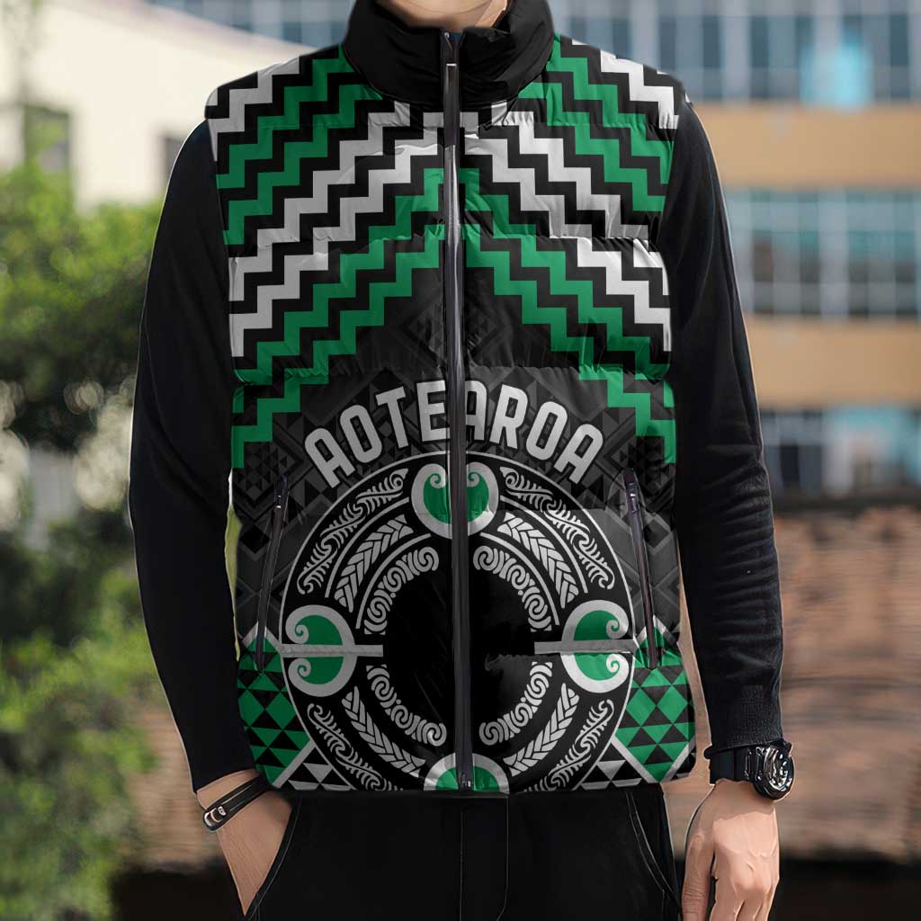 Personalised Aotearoa Niho Taniwha Motif Sleeveless Puffer Jacket Green Style - Aussie Hoodie