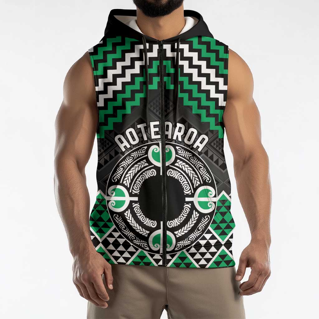 Personalised Aotearoa Niho Taniwha Motif Sleeveless Zip Hoodie Green Style LT9