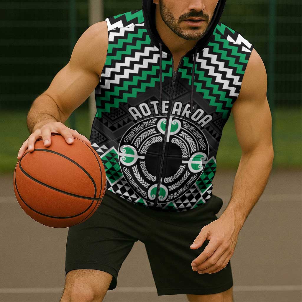 Personalised Aotearoa Niho Taniwha Motif Sleeveless Zip Hoodie Green Style LT9