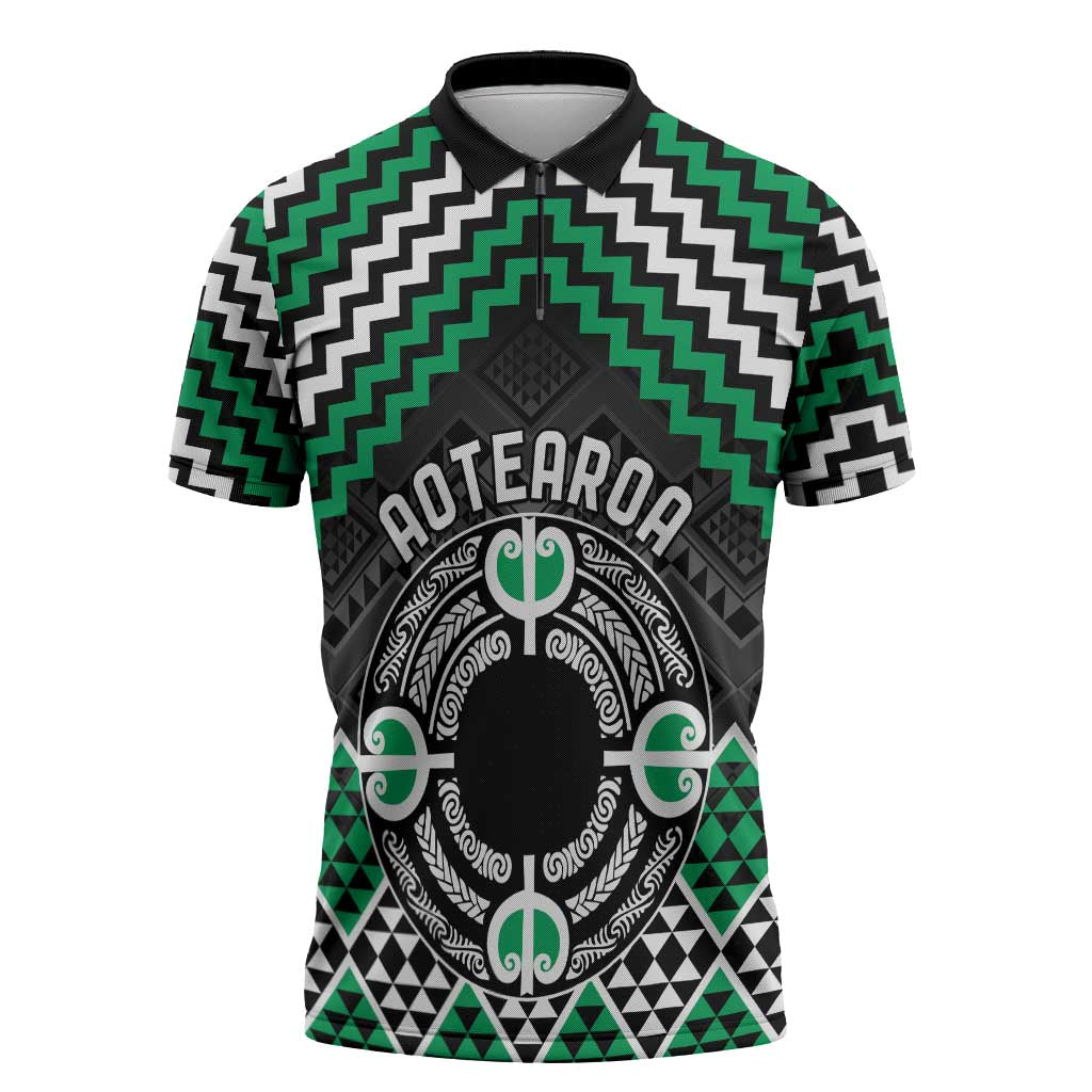 Personalised Aotearoa Niho Taniwha Motif Zipper Polo Shirt Green Style - Aussie Hoodie