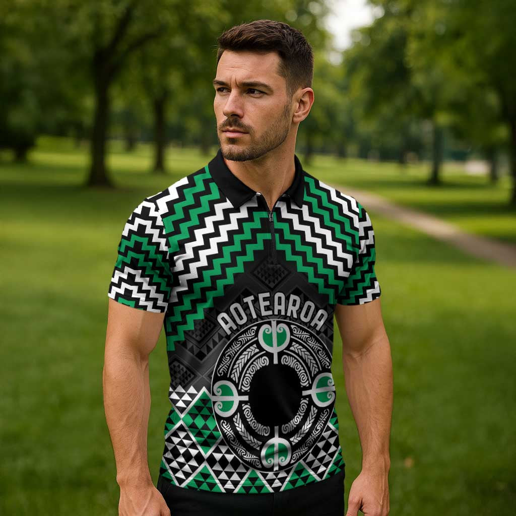 Personalised Aotearoa Niho Taniwha Motif Zipper Polo Shirt Green Style - Aussie Hoodie