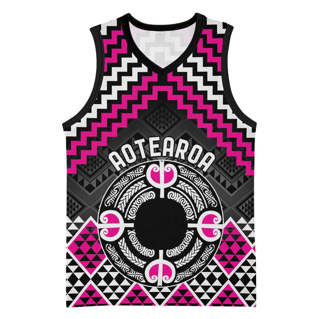 Personalised Aotearoa Niho Taniwha Motif Basketball Jersey Pink Style - Aussie Hoodie
