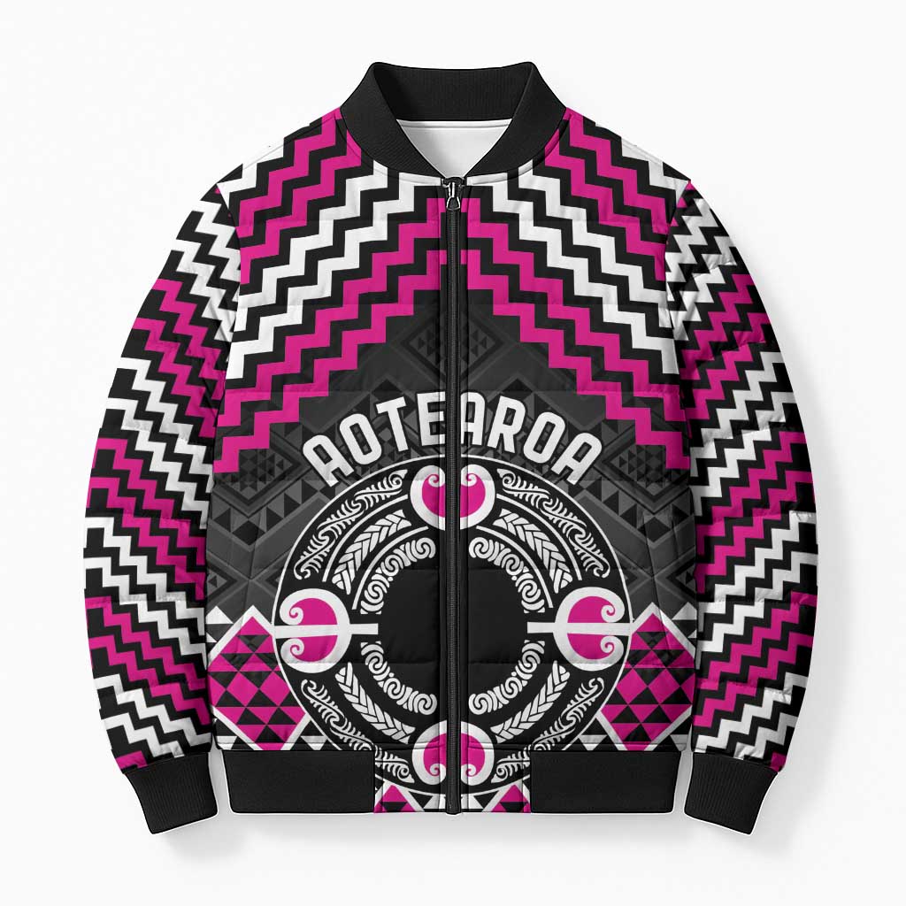 Personalised Aotearoa Niho Taniwha Motif Bomber Puffer Jacket Pink Style - Aussie Hoodie
