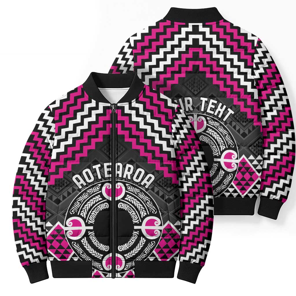 Personalised Aotearoa Niho Taniwha Motif Bomber Puffer Jacket Pink Style - Aussie Hoodie