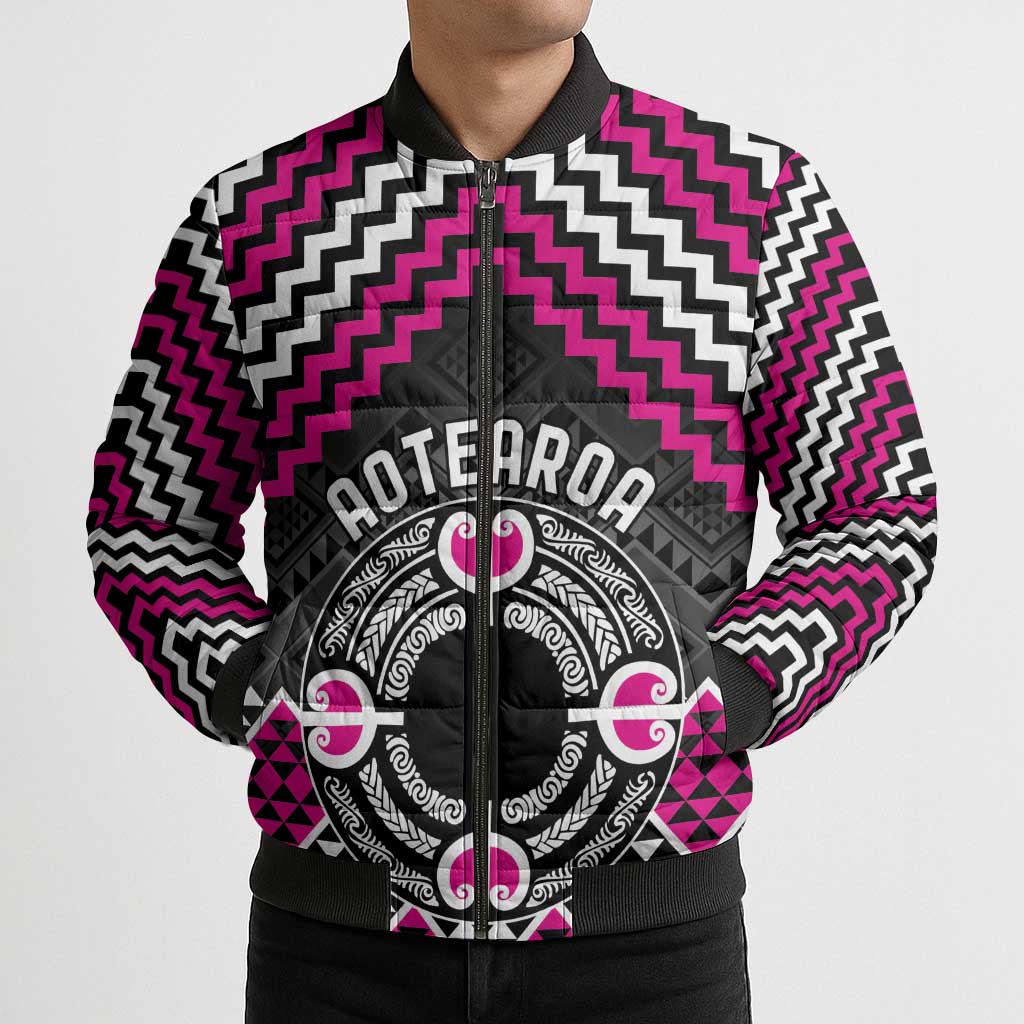 Personalised Aotearoa Niho Taniwha Motif Bomber Puffer Jacket Pink Style - Aussie Hoodie