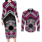 Personalised Aotearoa Niho Taniwha Motif Couples Matching Long Sleeve Bodycon Dress and Long Sleeve Button Shirt Pink Style
