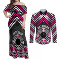 Personalised Aotearoa Niho Taniwha Motif Couples Matching Off Shoulder Maxi Dress and Long Sleeve Button Shirt Pink Style