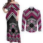 Personalised Aotearoa Niho Taniwha Motif Couples Matching Off Shoulder Maxi Dress and Long Sleeve Button Shirt Pink Style