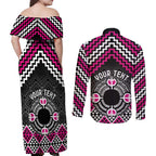 Personalised Aotearoa Niho Taniwha Motif Couples Matching Off Shoulder Maxi Dress and Long Sleeve Button Shirt Pink Style