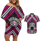 Personalised Aotearoa Niho Taniwha Motif Couples Matching Off Shoulder Short Dress and Hawaiian Shirt Pink Style