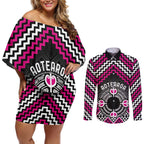 Personalised Aotearoa Niho Taniwha Motif Couples Matching Off Shoulder Short Dress and Long Sleeve Button Shirt Pink Style