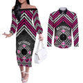 Personalised Aotearoa Niho Taniwha Motif Couples Matching Off The Shoulder Long Sleeve Dress and Long Sleeve Button Shirt Pink Style