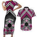 Personalised Aotearoa Niho Taniwha Motif Couples Matching Short Sleeve Bodycon Dress and Hawaiian Shirt Pink Style