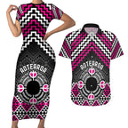 Personalised Aotearoa Niho Taniwha Motif Couples Matching Short Sleeve Bodycon Dress and Hawaiian Shirt Pink Style