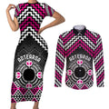 Personalised Aotearoa Niho Taniwha Motif Couples Matching Short Sleeve Bodycon Dress and Long Sleeve Button Shirt Pink Style