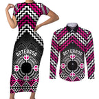 Personalised Aotearoa Niho Taniwha Motif Couples Matching Short Sleeve Bodycon Dress and Long Sleeve Button Shirt Pink Style