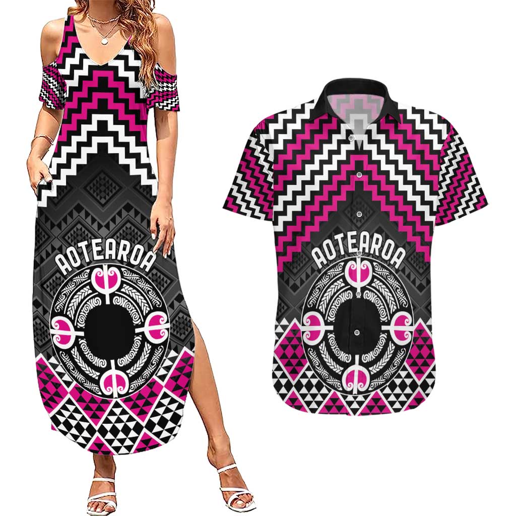 Personalised Aotearoa Niho Taniwha Motif Couples Matching Summer Maxi Dress and Hawaiian Shirt Pink Style