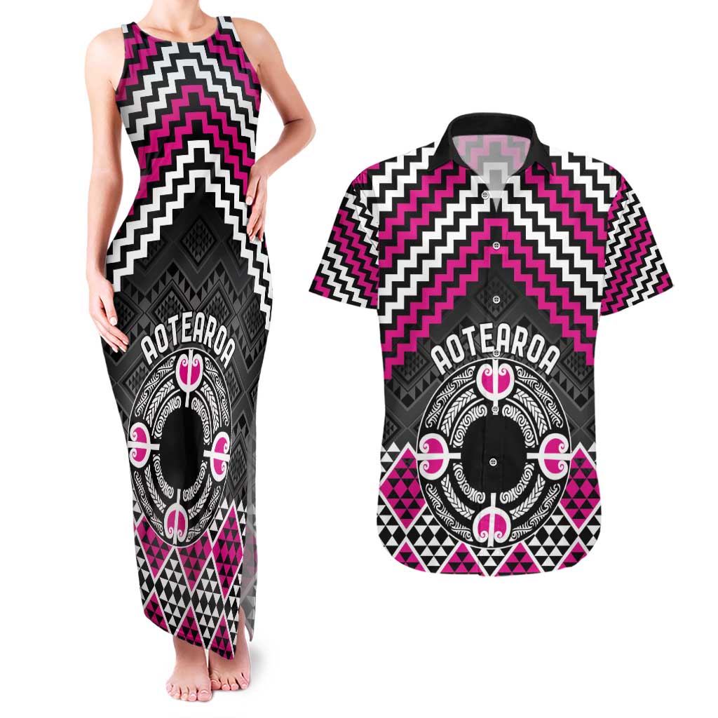 Personalised Aotearoa Niho Taniwha Motif Couples Matching Tank Maxi Dress and Hawaiian Shirt Pink Style