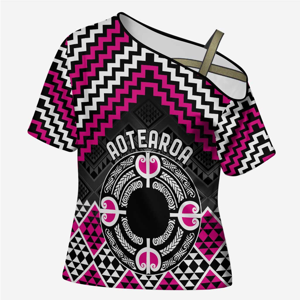 Personalised Aotearoa Niho Taniwha Motif Cross Shoulder Shirt Pink Style - Aussie Hoodie
