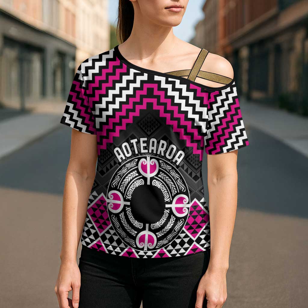 Personalised Aotearoa Niho Taniwha Motif Cross Shoulder Shirt Pink Style - Aussie Hoodie