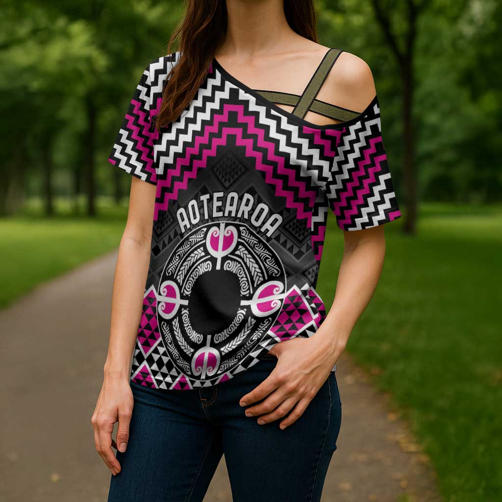 Personalised Aotearoa Niho Taniwha Motif Cross Shoulder Shirt Pink Style - Aussie Hoodie