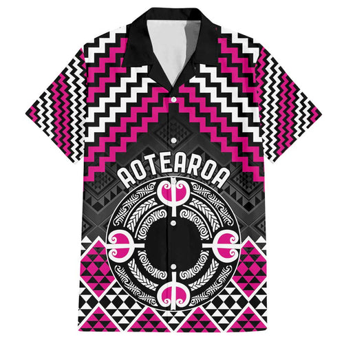 Personalised Aotearoa Niho Taniwha Motif Family Matching Long Sleeve Bodycon Dress and Hawaiian Shirt Pink Style